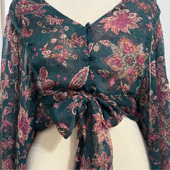 Band Of The Free River Deep Pine Paisley Tie Front Crop Top Small Cottagecore - Picture 3 of 13